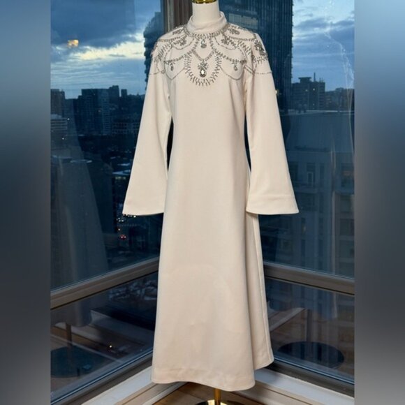 🆕 SIMKHAI 🧿 NWOT Odetta Crystal Embellished Cream Long Sleeve Midi Dress, Sz 8 - Picture 2 of 16